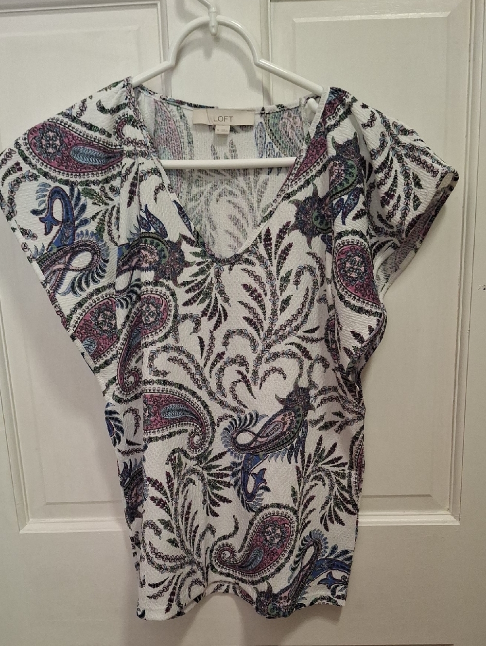 LOFT White Paisley Top with Blue and Purple Motif